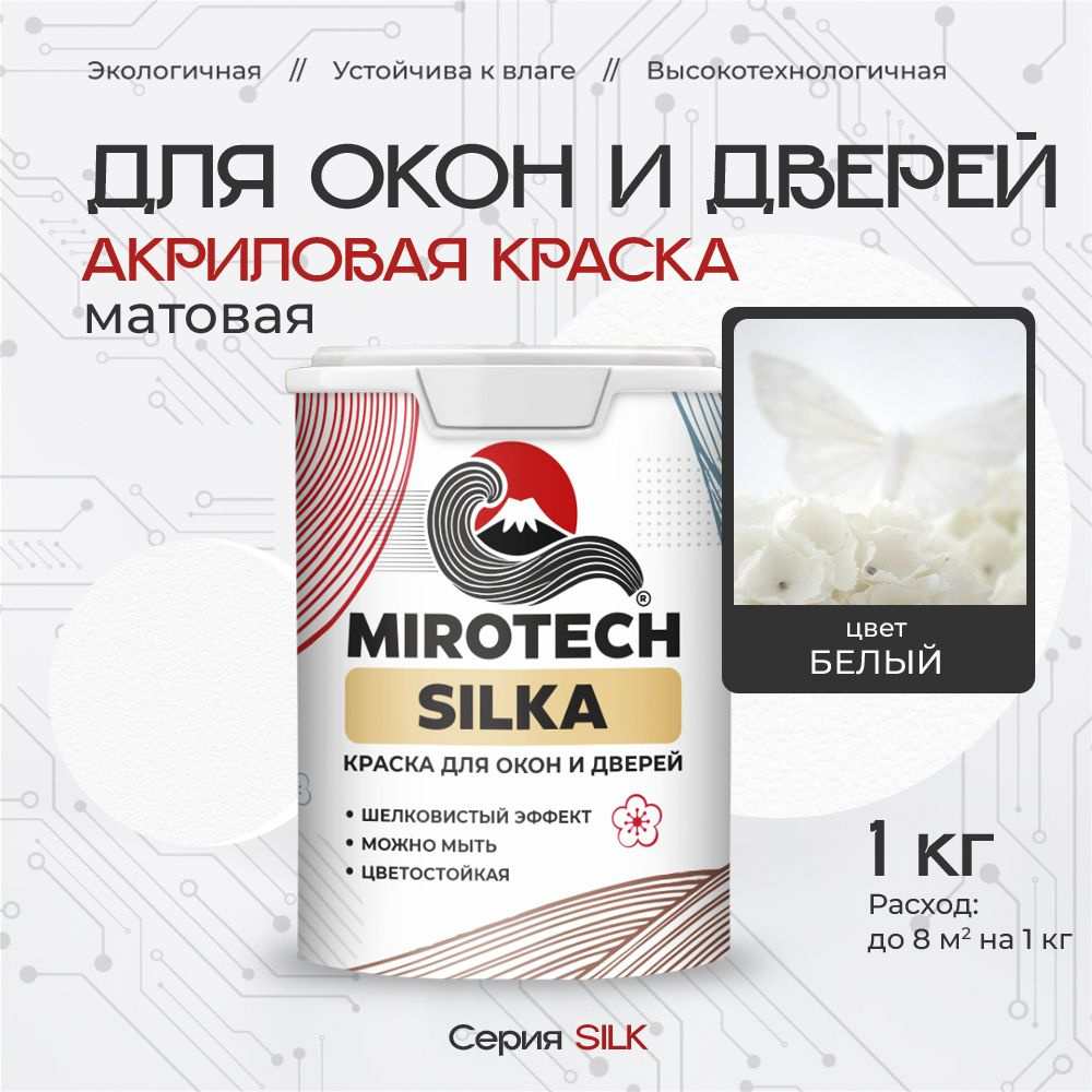 Акриловая краска для окон и дверей MIROTECH SILK по дереву, антисептический эффект, быстросохнущая без #1