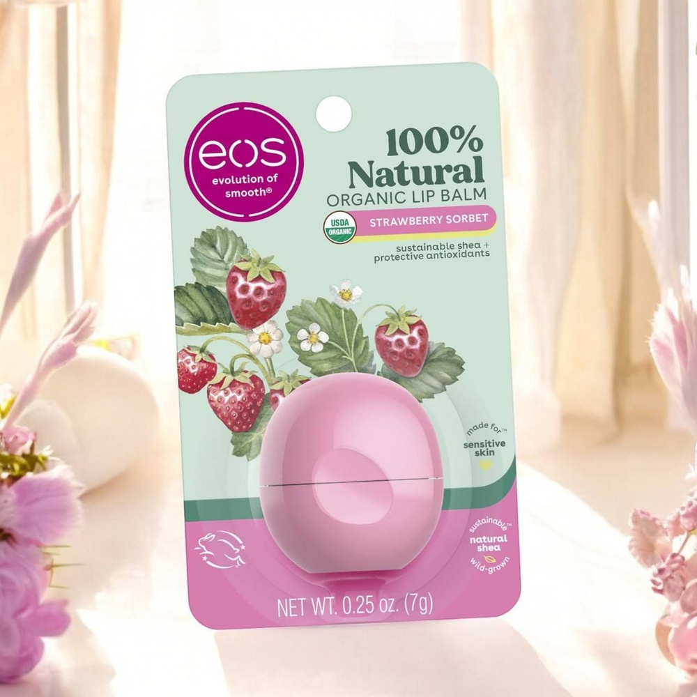 EOS Strawberry Sorbet 100% натуральный и органический бальзам для губ с клубничным сорбетом, увлажняющее #1