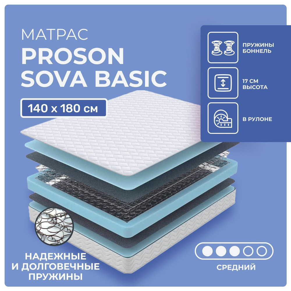 Матрас 140х180 ProSon Sova Basic, независимые пружины, односторонний, cредне-жёсткий, пенополиуретан, #1