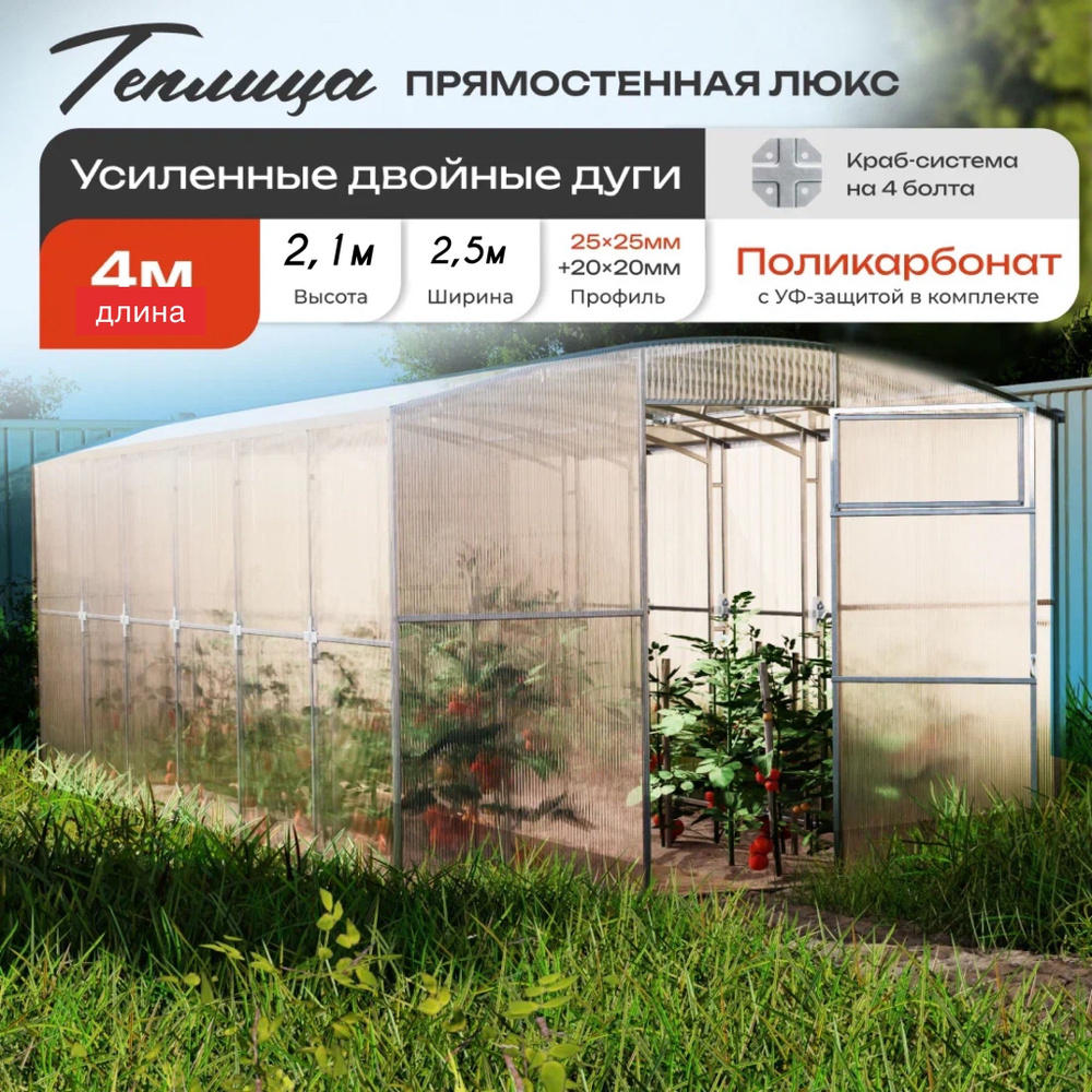 Теплица Прямостенная ЛЮКС 2.5м*4м с поликарбонатом, каркас Усиленный оцинкованный 25*25мм +20*20мм #1