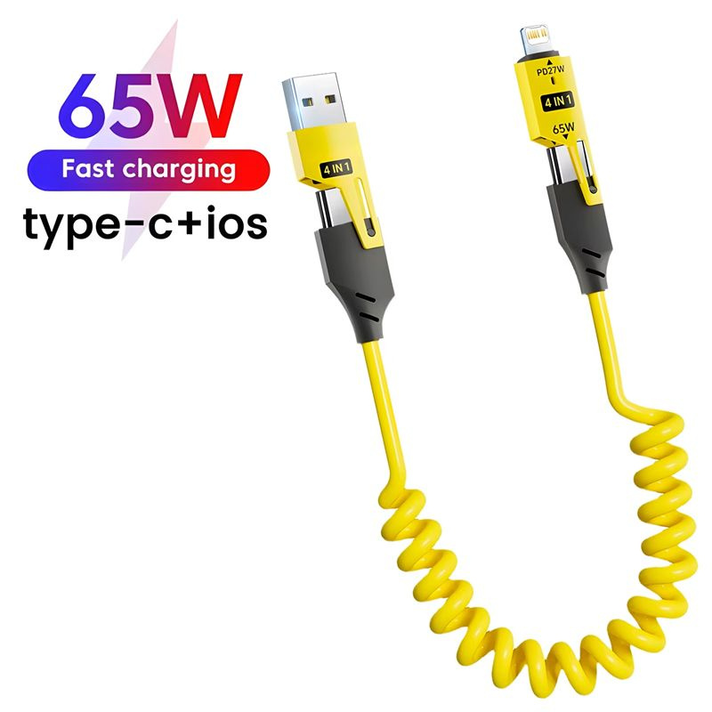 4in1 Кабель для быстрой зарядки TYPEC 65W с двойным наконечником, пружинный, автомобильный PD27W выдвижной #1
