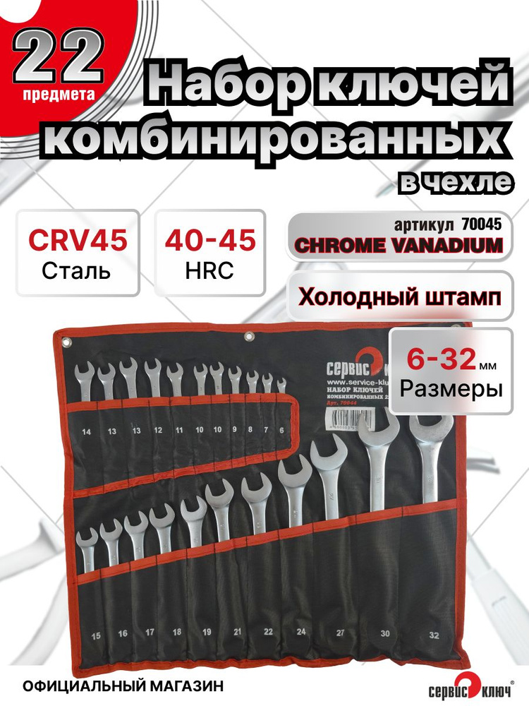 Набор комбинированных ключей СЕРВИС КЛЮЧ, 22 предмета, 6-19, 21-32, холодный штамп, в сумке, 70045 #1