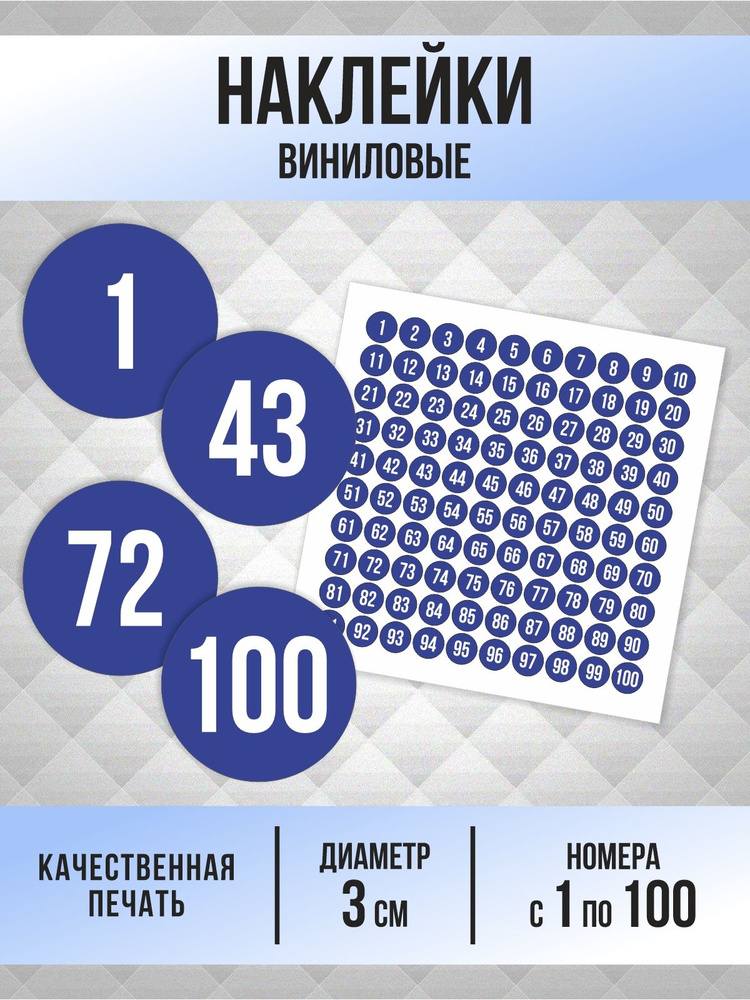 Наклейки с номерами от 1 до 100 круглые 30 мм, цвет синий, ПолиЦентр #1
