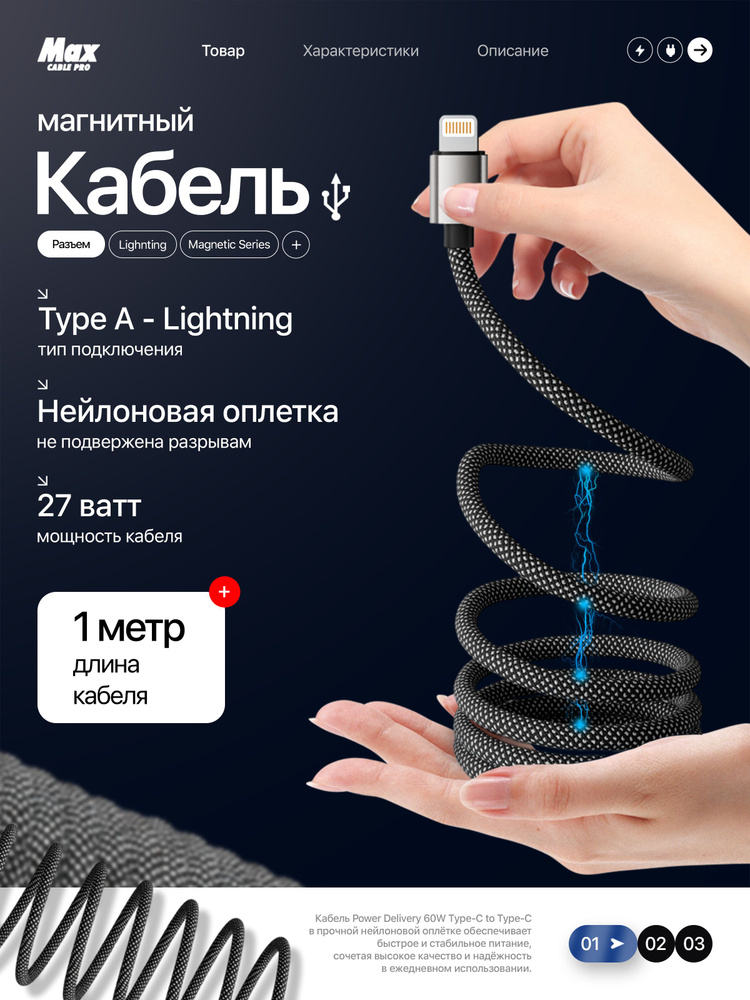 Кабель Magnetic Type A - Lightning 1 метр, Apple iPhone, длинный провод, быстрая зарядка, 1 метр, шнур #1