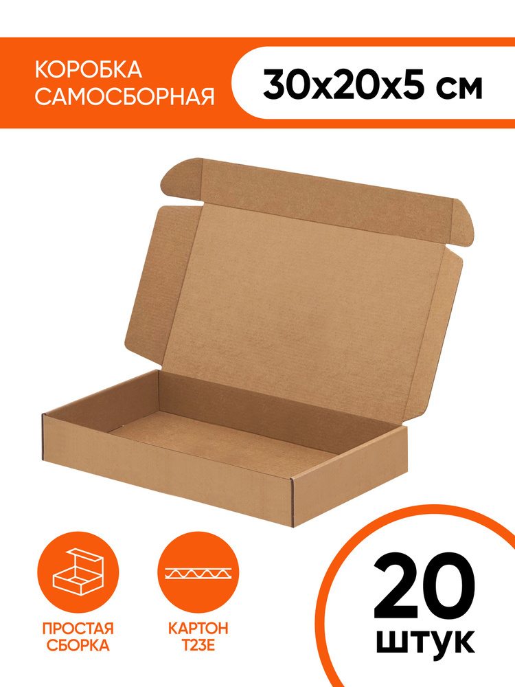 Картонная коробка самосборная 300х200х50 мм. (30х20х5 см.) для маркетплейсов, подарков, посылок и хранения #1