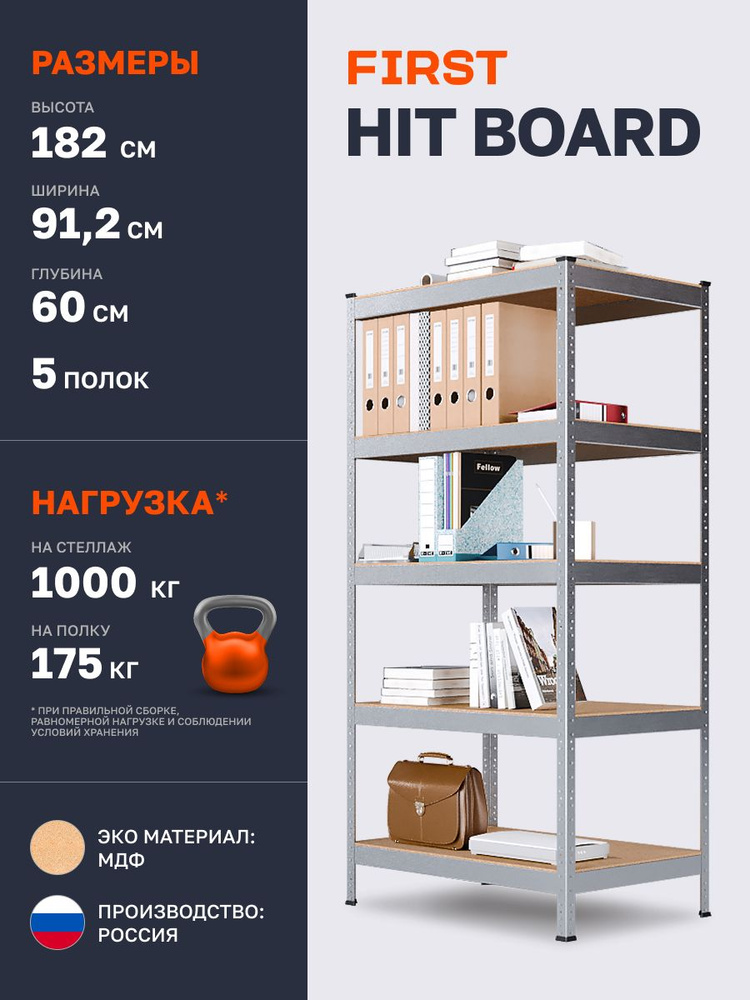 Стеллаж металлический HIT BOARD 912х1824х600/5 полок МДФ, оцинкованный, стеллаж напольный 91.2х60х182.4 #1