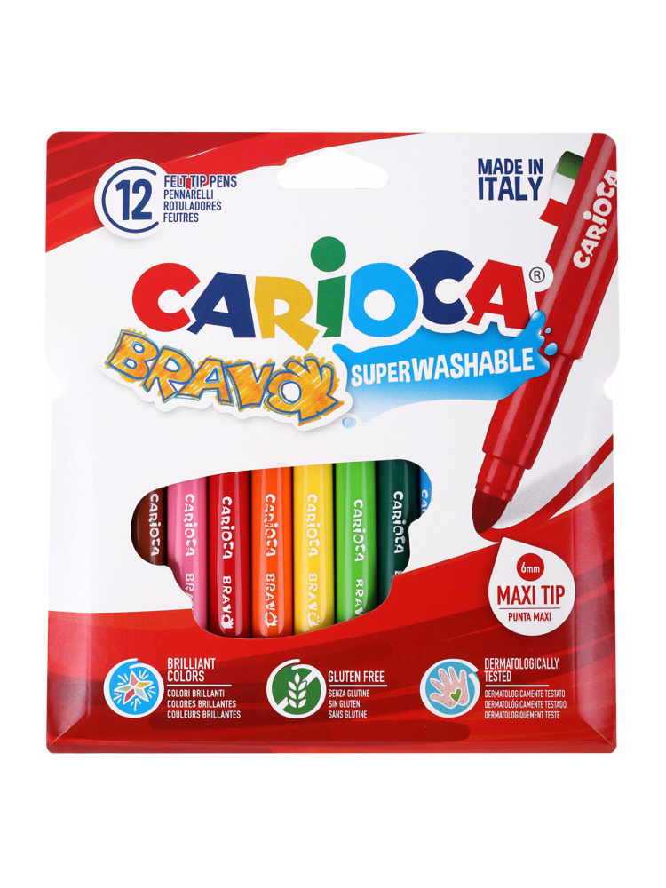 Фломастеры утолщенные Carioca (Италия) Bravo, 12 цветов, суперсмываемые #1