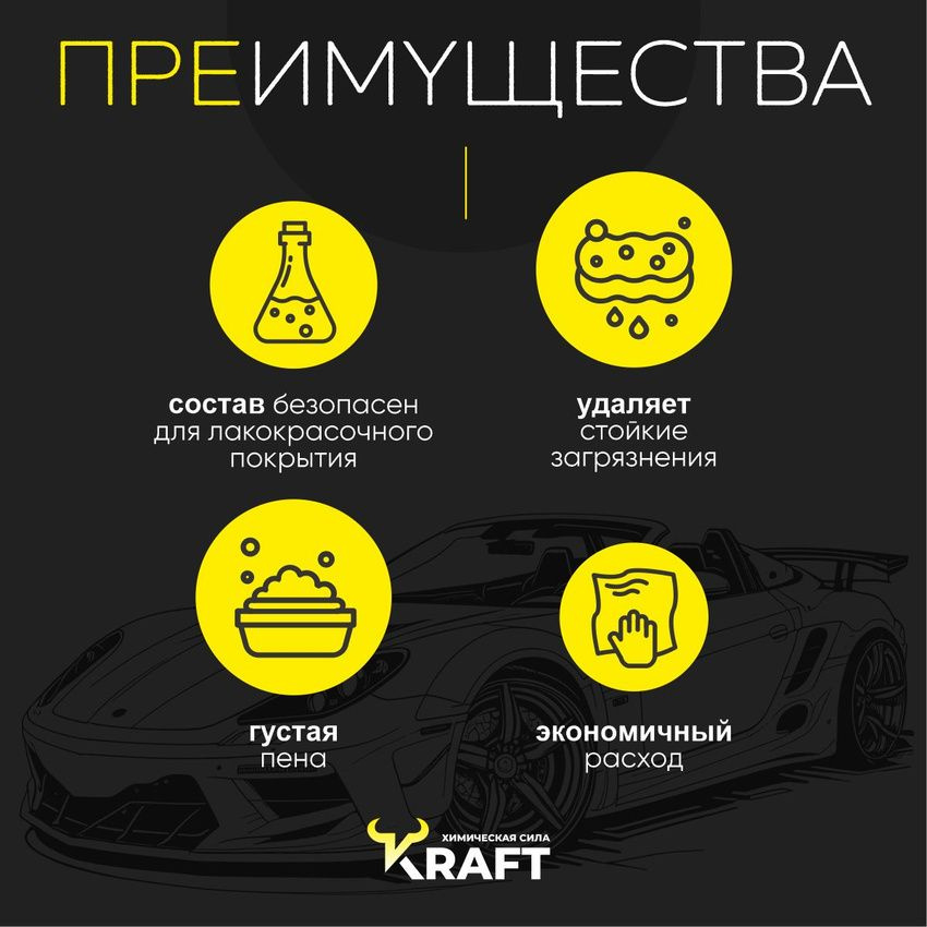 Автошампунь для бесконтактной мойки. Средство для бесконтактной мойки Kraft Strong - одна из наиболее мощных активных пен из линейки бренда Kraft. Шампунь отлично убирает стойкие загрязнения, жировые, масляные подтеки, дорожный реагент, не повреждая ЛКП автомобиля. Бесконтактный слабощелочной автошампунь подходит для всех видов техники: легковых и грузовых автомобилей, мотоциклов, квадроциклов, коммерческой и сельскохозяйственной технике. Для Вашего удобства поставляется в канистрах по 1 литру, 5 литров и 20 литров. Выберите подходящий Вам объем бесконтактной химии. Подходит для домашнего использования в минимойках типа Karcher и профессиональных аппаратов высокого давления. Используется как частными клиентами, так и автомойками, МСО, автомойками самообслуживания, робот автомойками и детейлинг студиями.