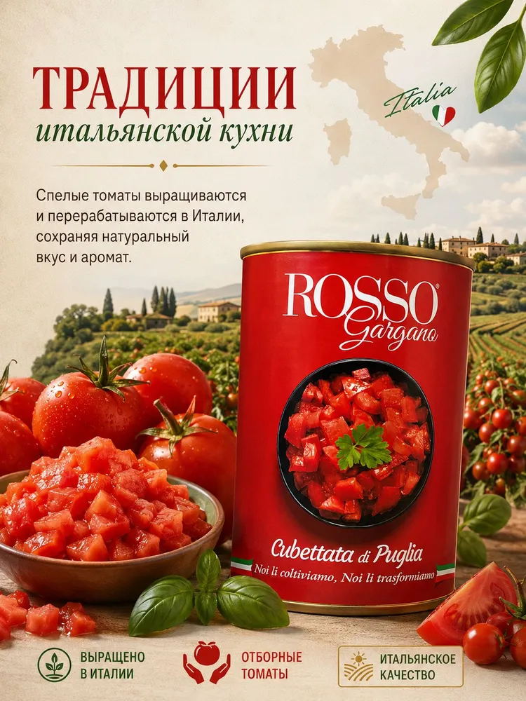 Томаты в собственном соку, Rosso Gargano Cubetti нарезанные кубиками 400 г, 400 г, фото 5