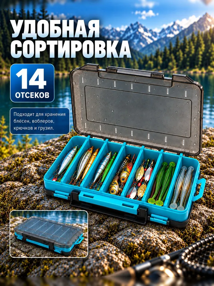Коробка для воблеров и блёсен двухсторонняя, рыболовный органайзер на 14 отделений, зеленый, 19,5 13 3,5 см, синий, фото 2