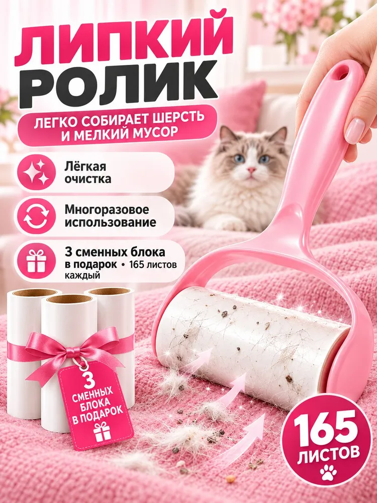Липкий ролик для одежды и мебели, многоразовый, легко очищает шерсть с дивана, кресла и кровати, 3 сменных картриджа, вариант