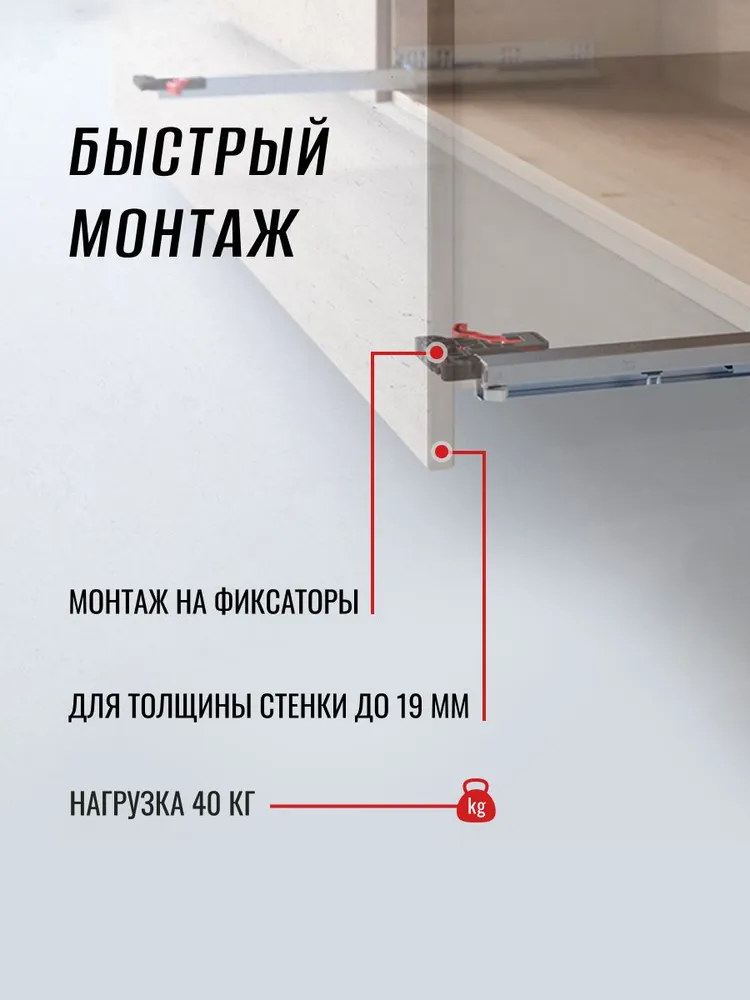 Направляющие скрытого монтажа 250 Samet SMART SLIDE Открывание нажатием, комплект для ящика, вариант, фото 4