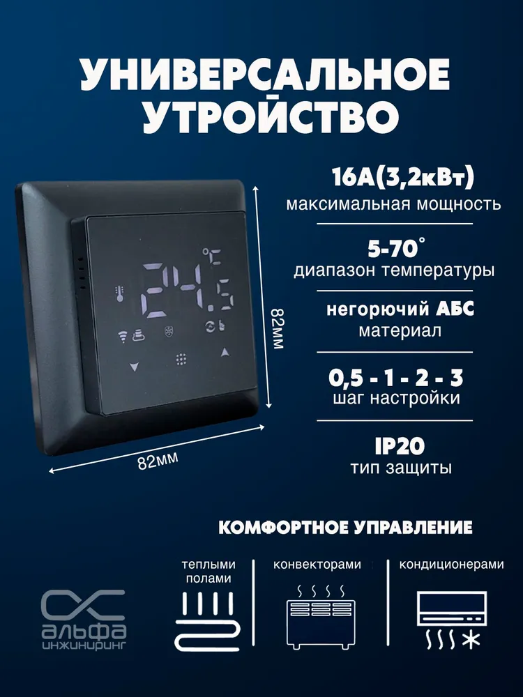 Терморегулятор для теплого пола в рамку Atlas design Schneider (Шнайдер), WIFI черный, черный, фото 2