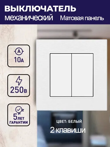 Выключатель механический двухклавишный с матовая рамкой, белый 1 пост