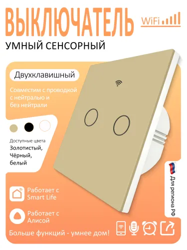 Умный выключатель Wi Fi с голосовым управлением, золотой, 2 клавишный 0N
