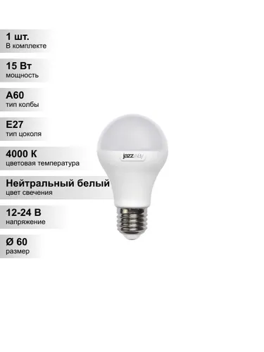 (1 шт.) Светодиодная лампа Jazzway МО PLED-A60 15Вт 12-24В 4000K E27