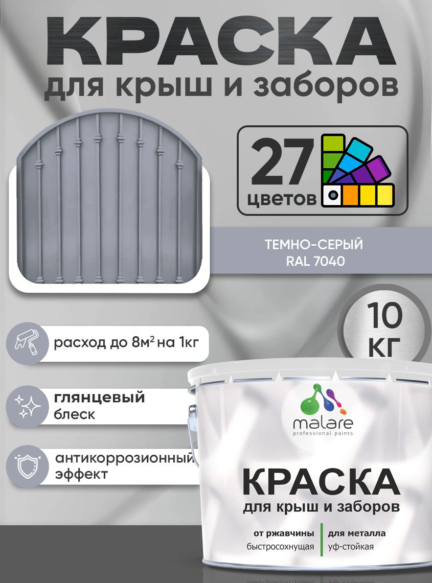 Краска по металлу Malare для крыш и заборов по ржавчине, для наружных работ, быстросохнущая износостойкая RAL 7040 темно-серый, глянцевая, 10 кг