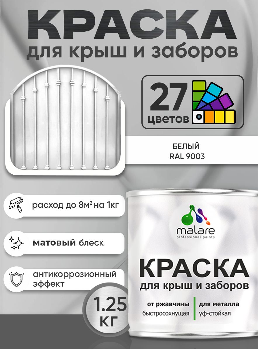 Краска по металлу Malare для крыш и заборов по ржавчине, для наружных работ, быстросохнущая износостойкая RAL 9003 белый, матовая, 1,25 кг