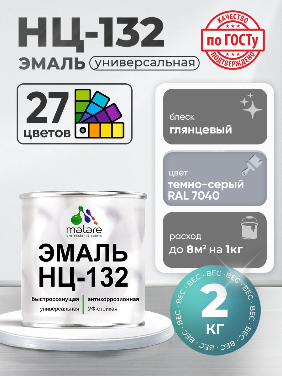Эмаль Malare НЦ-132 краска для металла, минеральных поверхностей для внутренних и наружных работ антикоррозионная быстросохнущая RAL 7040, темно-серый, глянцевая, 2 кг