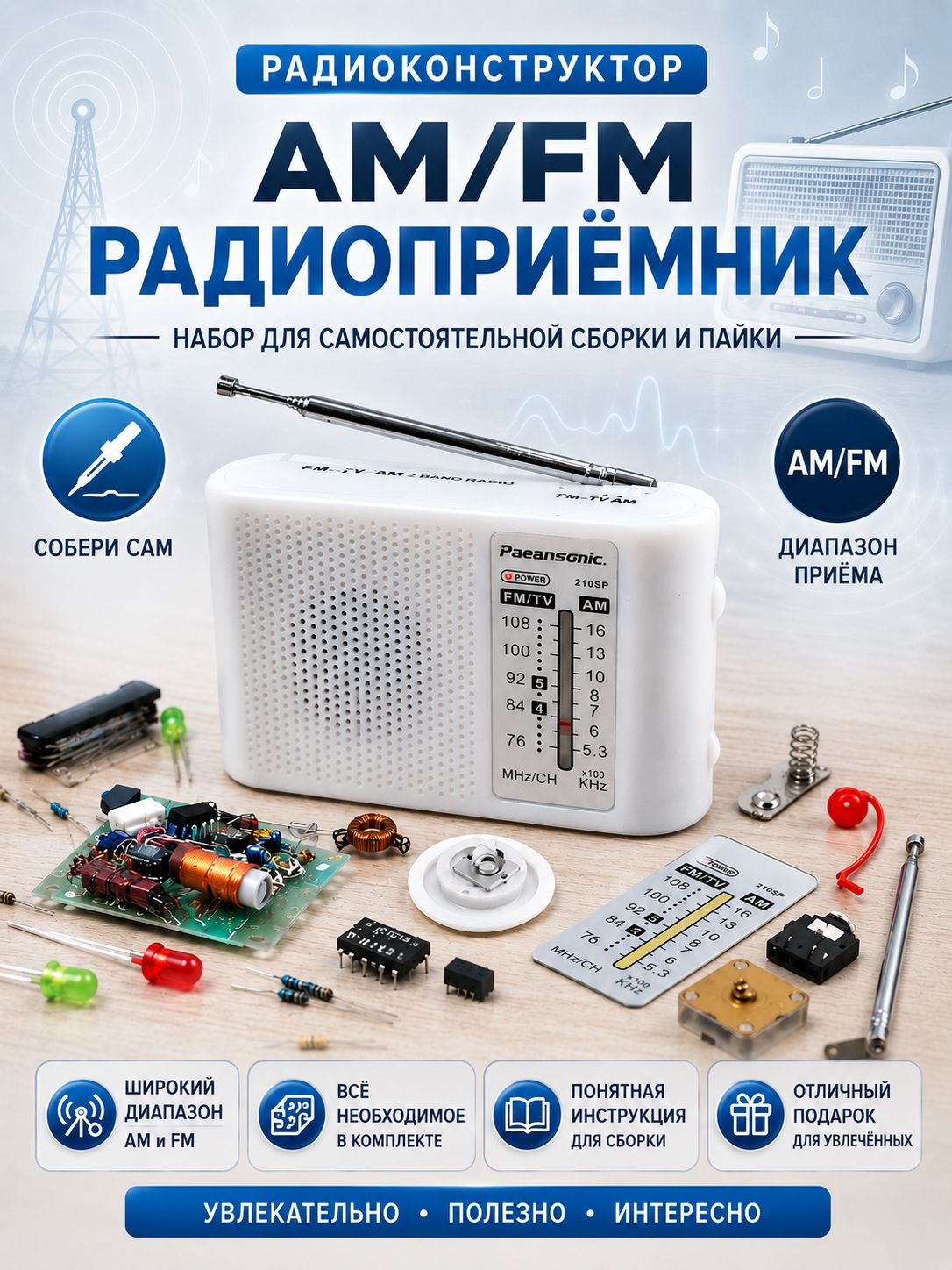 Радиоконструкторрадиоприёмникдлясамостоятельнойпайкиисборки-AM/FMвкорпусе