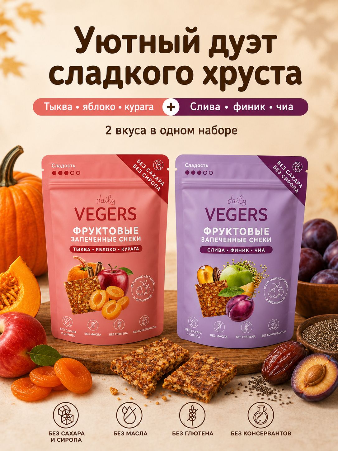 Фруктовые запеченные снеки Daily VEGERS без глютена, без сахара, набор 2 уп.