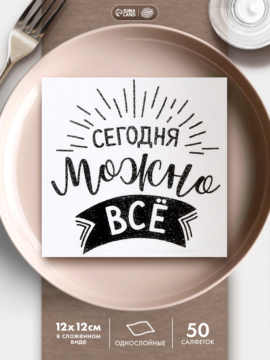 Салфетки бумажные однослойные Сегодня можно все / 24х24 см / Набор 50 шт.