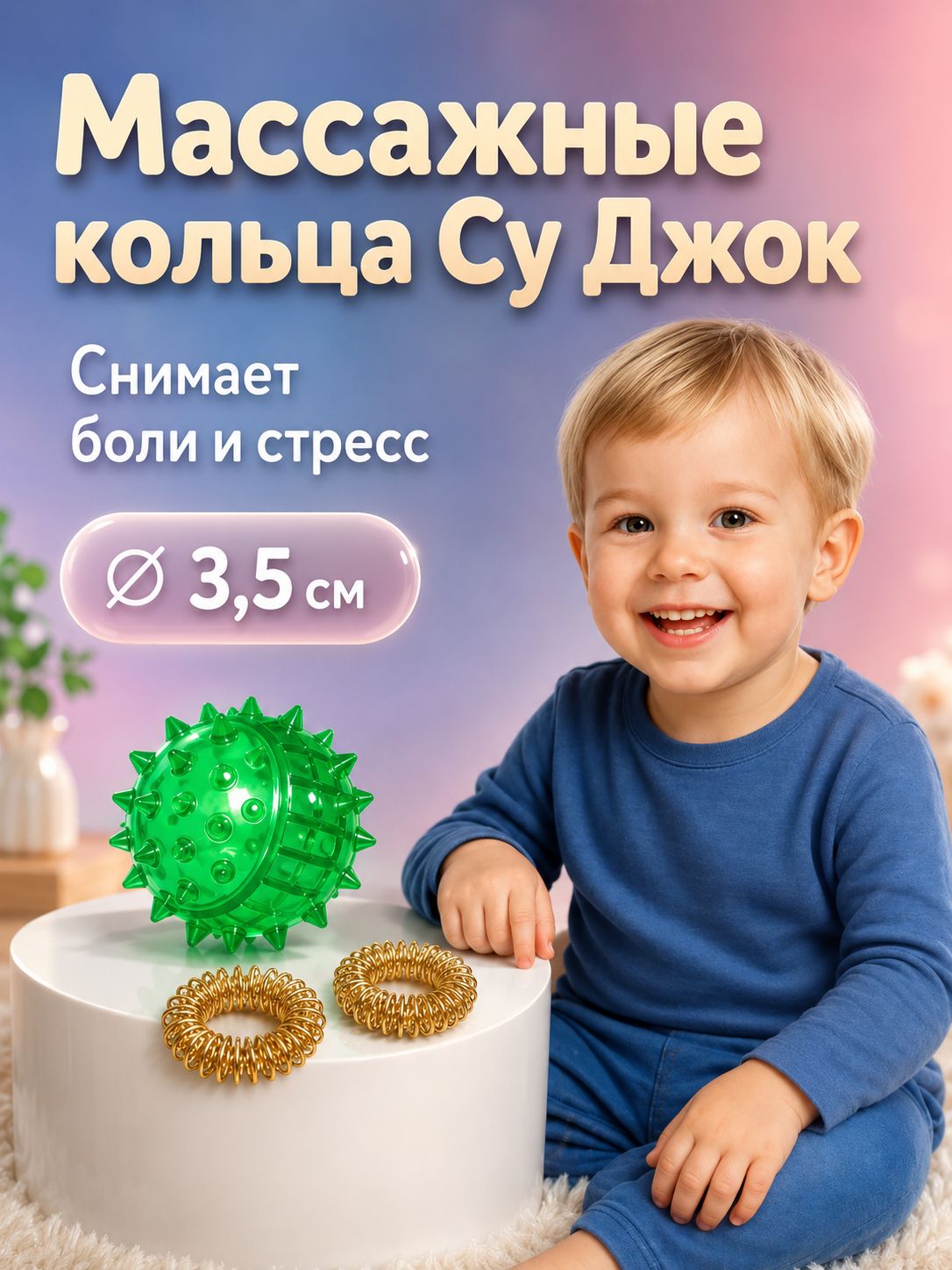 Массажер Су Джок для рук и ног с 2 кольцами зеленый 3.5 см.
