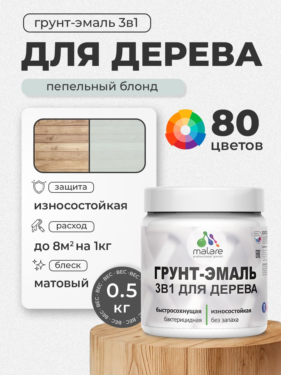 Акриловая Грунт-Эмаль 3 в 1 Malare для деревянных поверхностей с антисептическим эффектом, быстросохнущая, моющаяся без запаха матовая, пепельный блонд, 0.5 кг