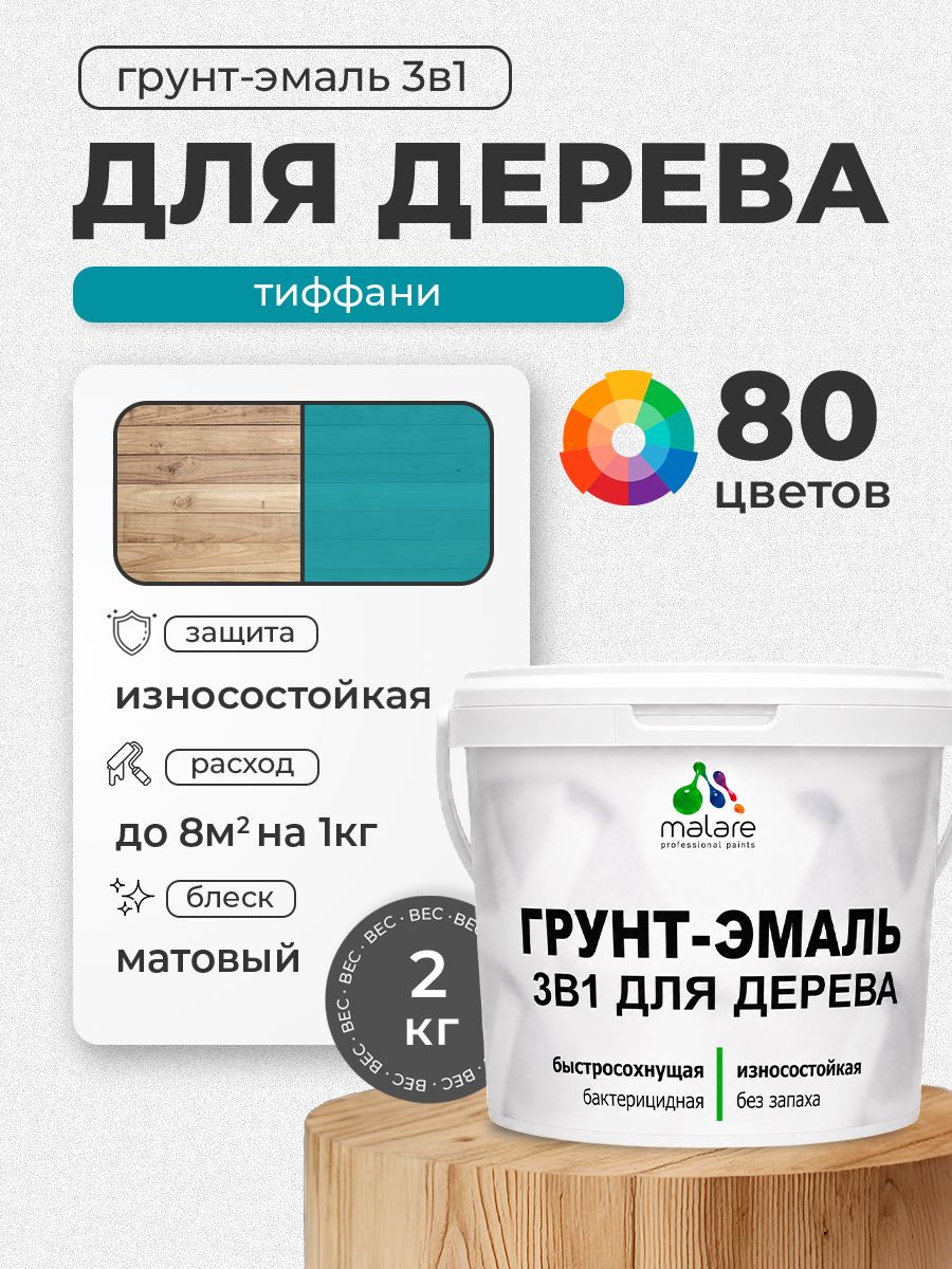 Акриловая Грунт-Эмаль 3 в 1 Malare для деревянных поверхностей с антисептическим эффектом, быстросохнущая, моющаяся без запаха матовая, тиффани, 2 кг
