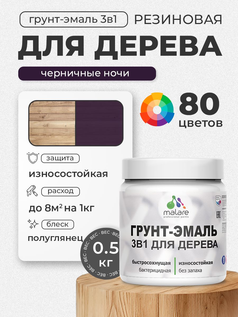 Латексная Грунт-Эмаль 3 в 1 Malare для деревянных поверхностей с антисептическим эффектом, быстросохнущая моющаяся без запаха полуглянцевая, черничные ночи, 0.5 кг