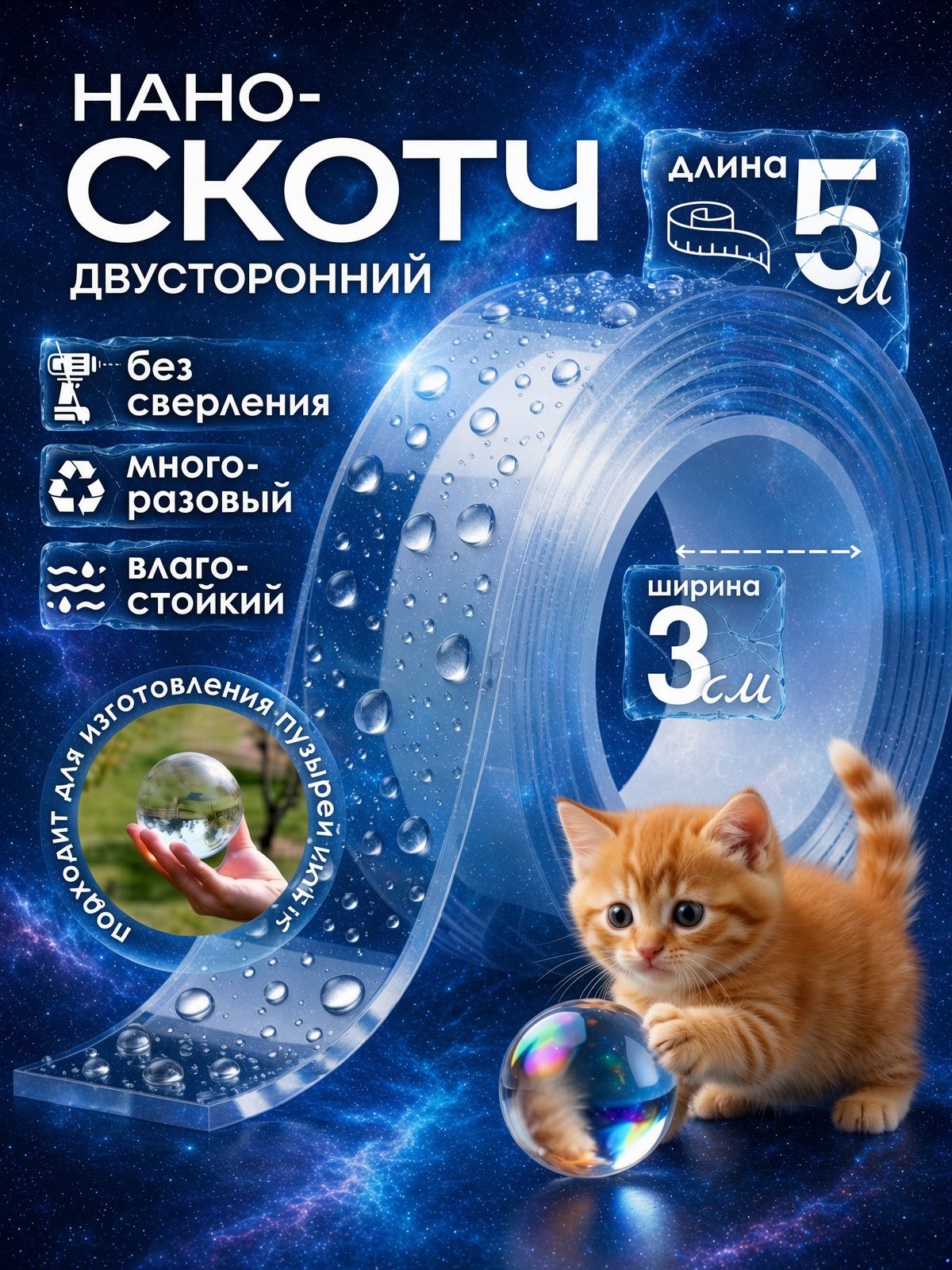 Нано скотч двусторонний прозрачный, 5 м, многоразовая клейкая лента для крепления без сверления