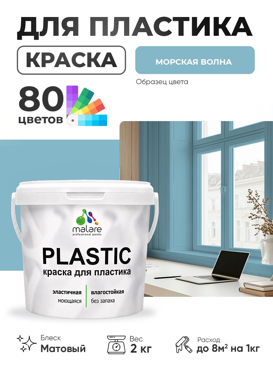 Акриловая краска для пластика Malare Plastic для пенопласта ПВХ сайдинга, для подоконников и откосов, быстросохнущая без запаха, матовая, морская волна, 2 кг