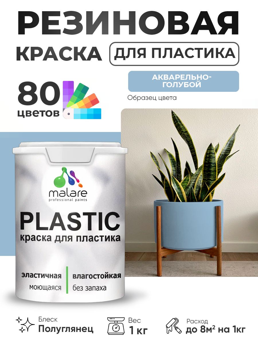 Резиновая краска для пластика Malare Plastic для пенопласта ПВХ сайдинга, для подоконников и откосов, быстросохнущая без запаха, полуглянцевая, акварельно-голубой, 1 кг