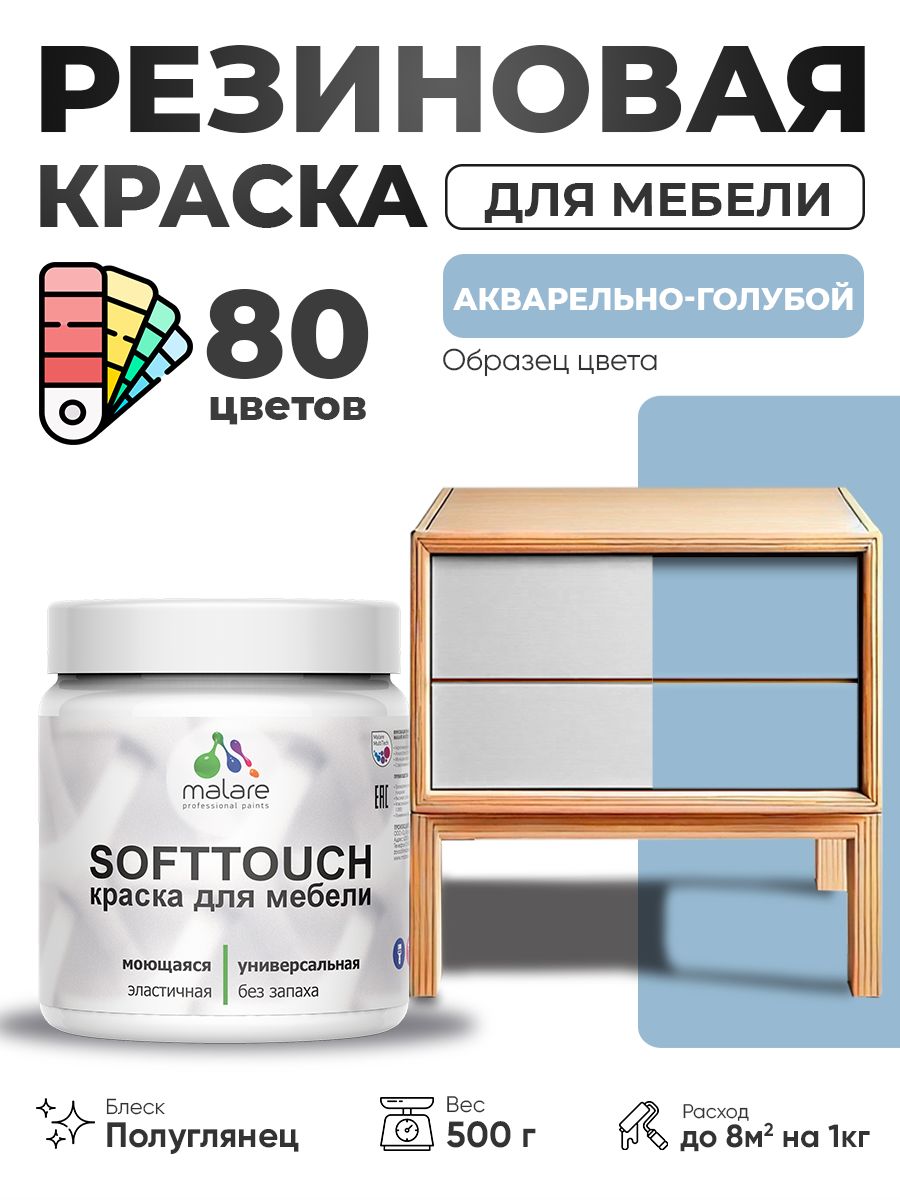 Резиновая краска для мебели Malare SoftTouch для кухонных фасадов для дерева и МДФ, моющаяся быстросохнущая, полуглянцевая, акварельно-голубой, 0.5 кг