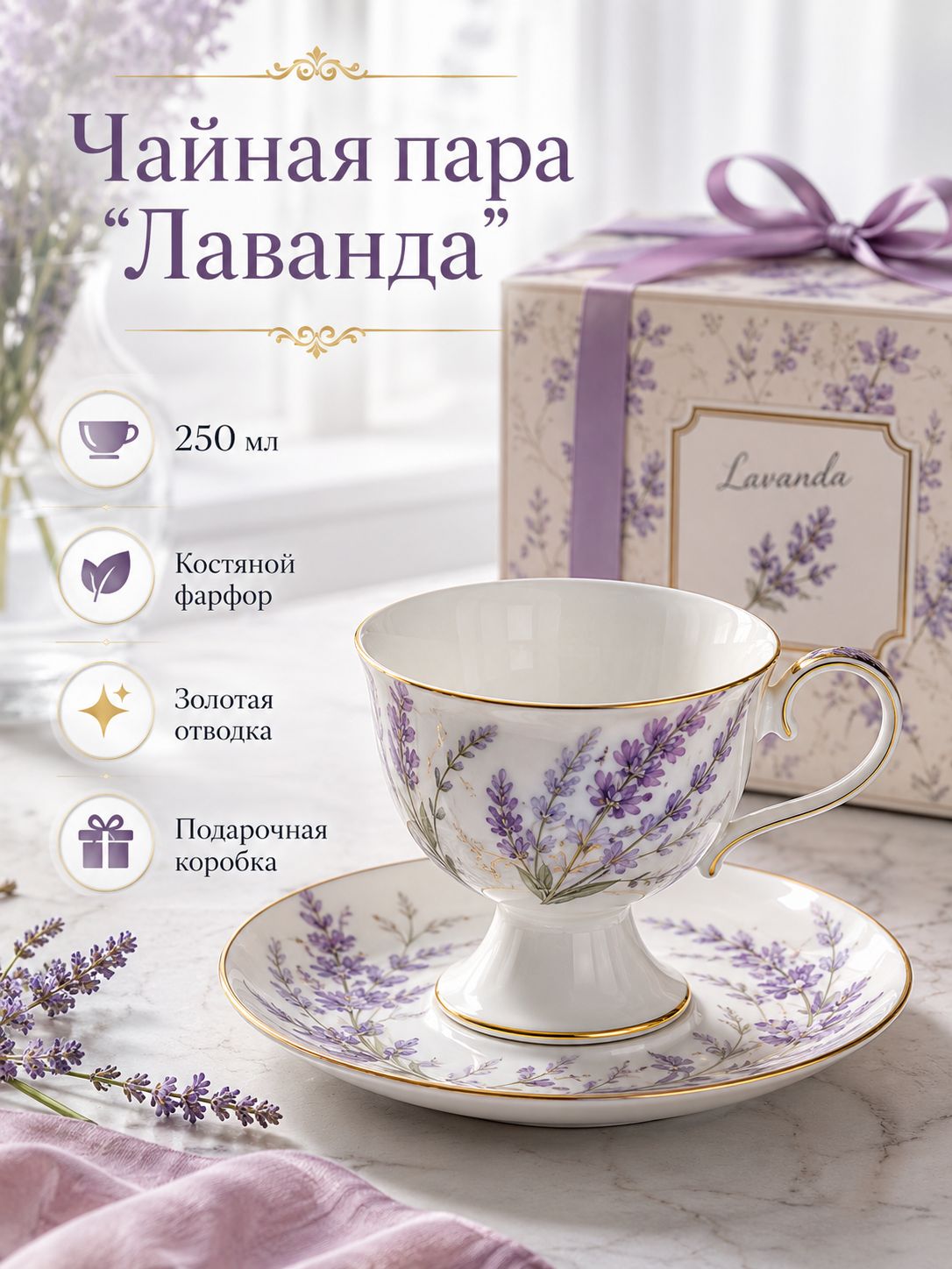 Чайная пара Лаванда RS/12-FY22003, 2 предмета, чашка 250 мл, костяной фарфор, на ножке, в подарочной коробке Чайная пара Лаванда RS/12-FY22003, 2 предмета, чашка 250 мл, костяной фарфор, на ножке, в подарочной коробке