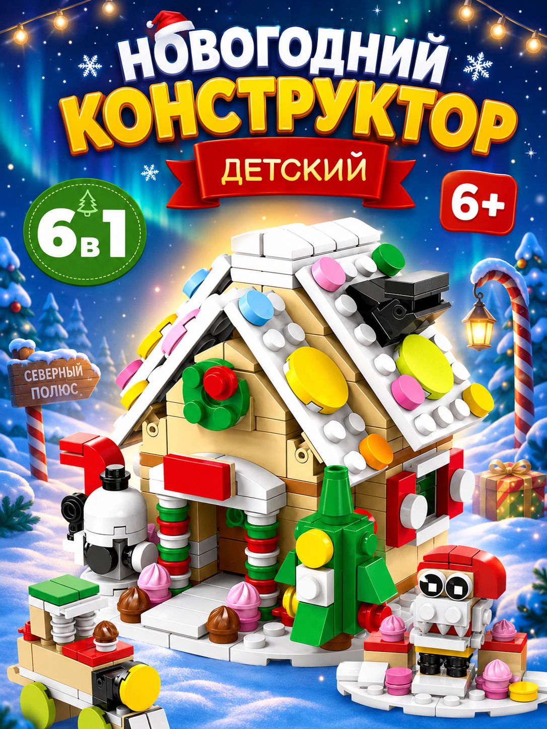 Конструктор новогодний, "Новогодний домик" 302 детали, конструктор детский
