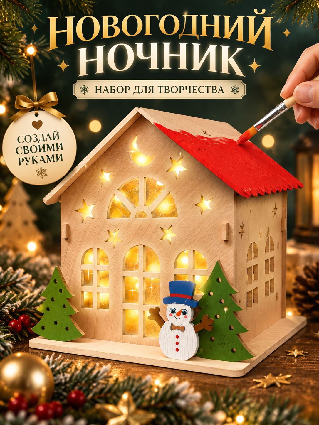 Набор для творчества новогодний, "Домик и снеговик", 15 см, деревянный, ночник своими руками, новогодний подарок для детей 2027