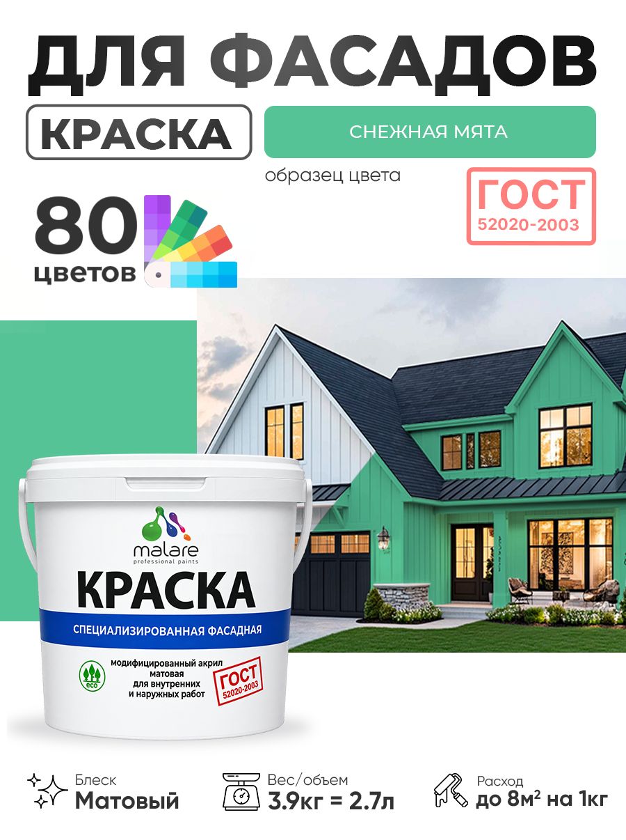 Краска фасадная для наружных работ Malare "ГОСТ" для дерева, камня и кирпича, по бетону и штукатурке, УФ-стойкая быстросохнущая без запаха, матовая, снежная мята, (2.7л - 3.9кг)