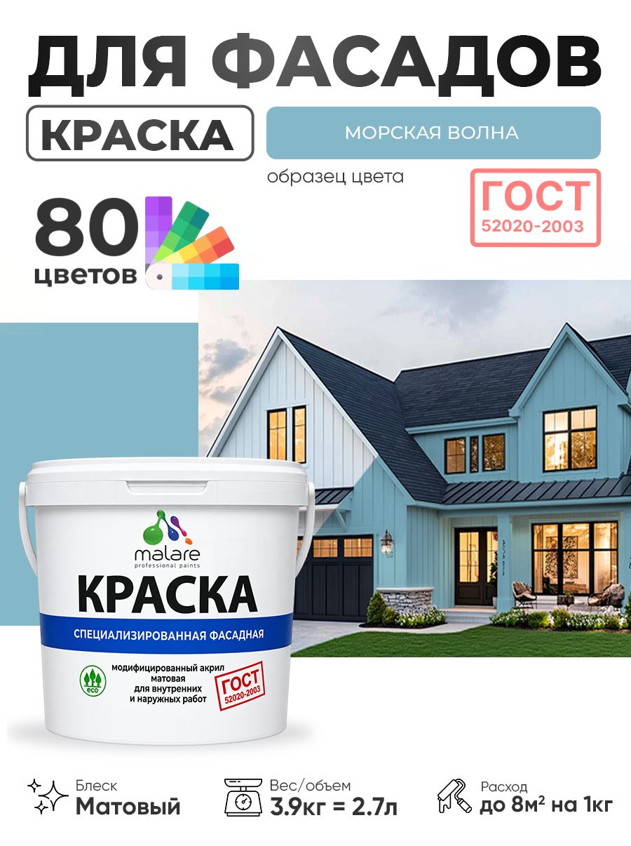 Краска фасадная для наружных работ Malare "ГОСТ" для дерева, камня и кирпича, по бетону и штукатурке, УФ-стойкая быстросохнущая без запаха, матовая, морская волна, (2.7л - 3.9кг)