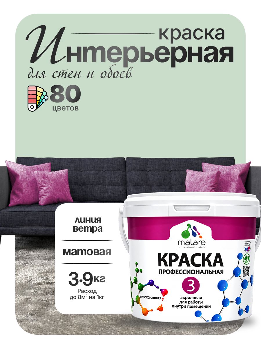 Краска Malare Professional Euro №3 интерьерная для стен и обоев, для потолка, акриловая, быстросохнущая, без запаха, матовая, линия ветра, (2.7л - 3.9кг)