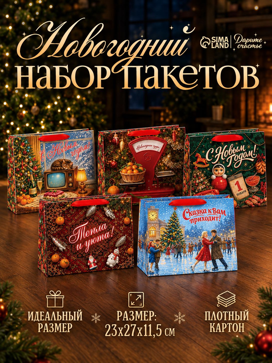 Пакеты новогодние подарочные, набор 5 шт, 23 х 27 х 11,5 см