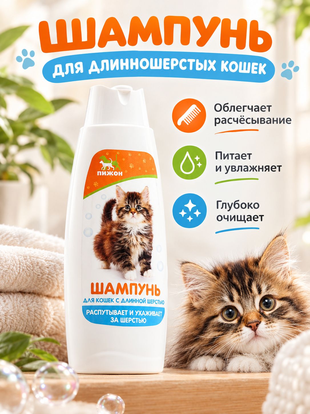 Шампунь для кошек, длинношерстных, от линьки, 250 мл