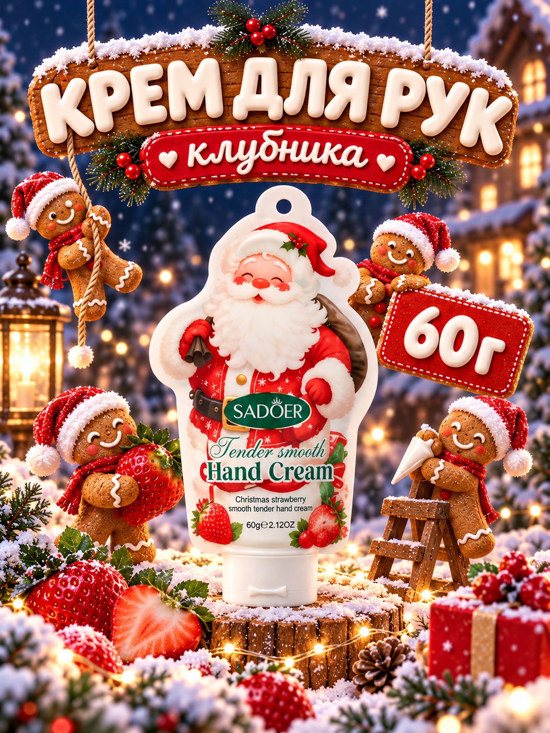 Крем для рук новогодний Дед Мороз , с клубникой, 60 г, Sadoer