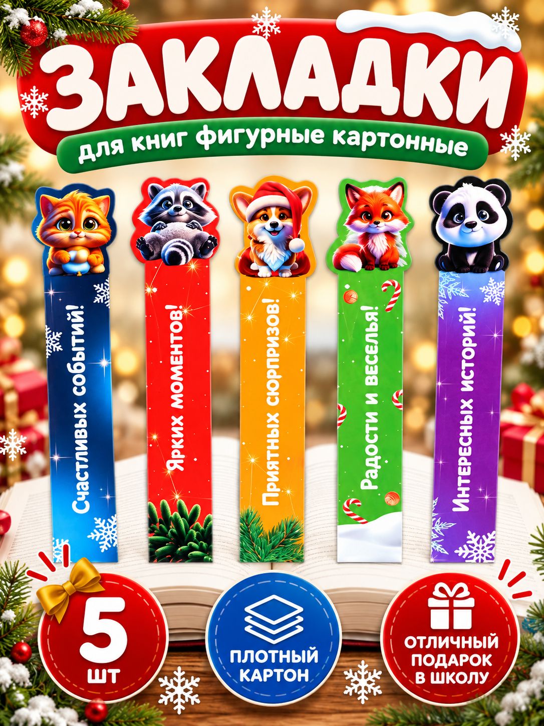 Закладки для книг новогодние, фигурные из картона, 5 шт