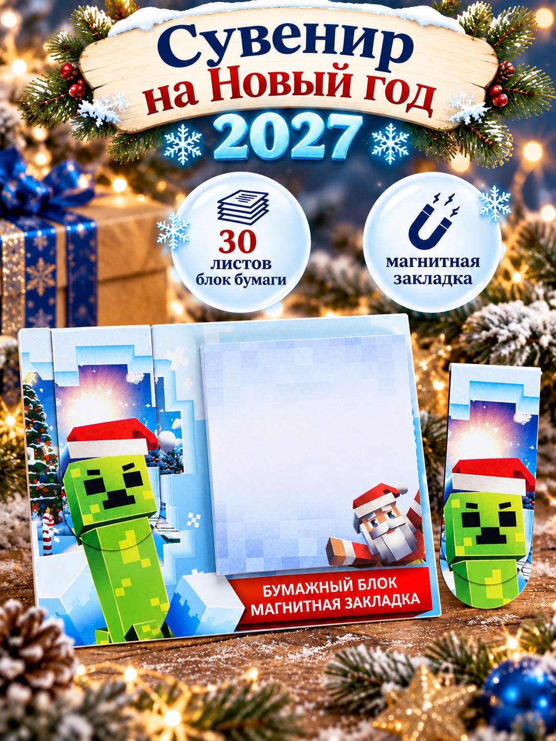 Подарочный набор новогодний, магнитная закладка и блок бумаг 30 листов