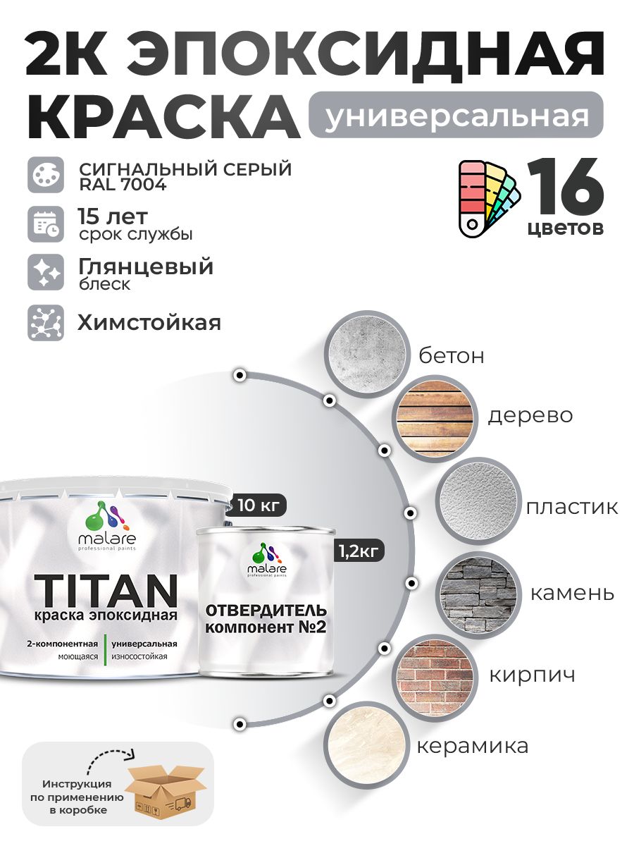 2К Эпоксидная краска Malare TITAN универсальная, двухкомпонентная влагостойкая высокопрочная износостойкая, RAL 7004 сигнальный серый, глянцевая, (10 кг + 1,2кг отвердитель)