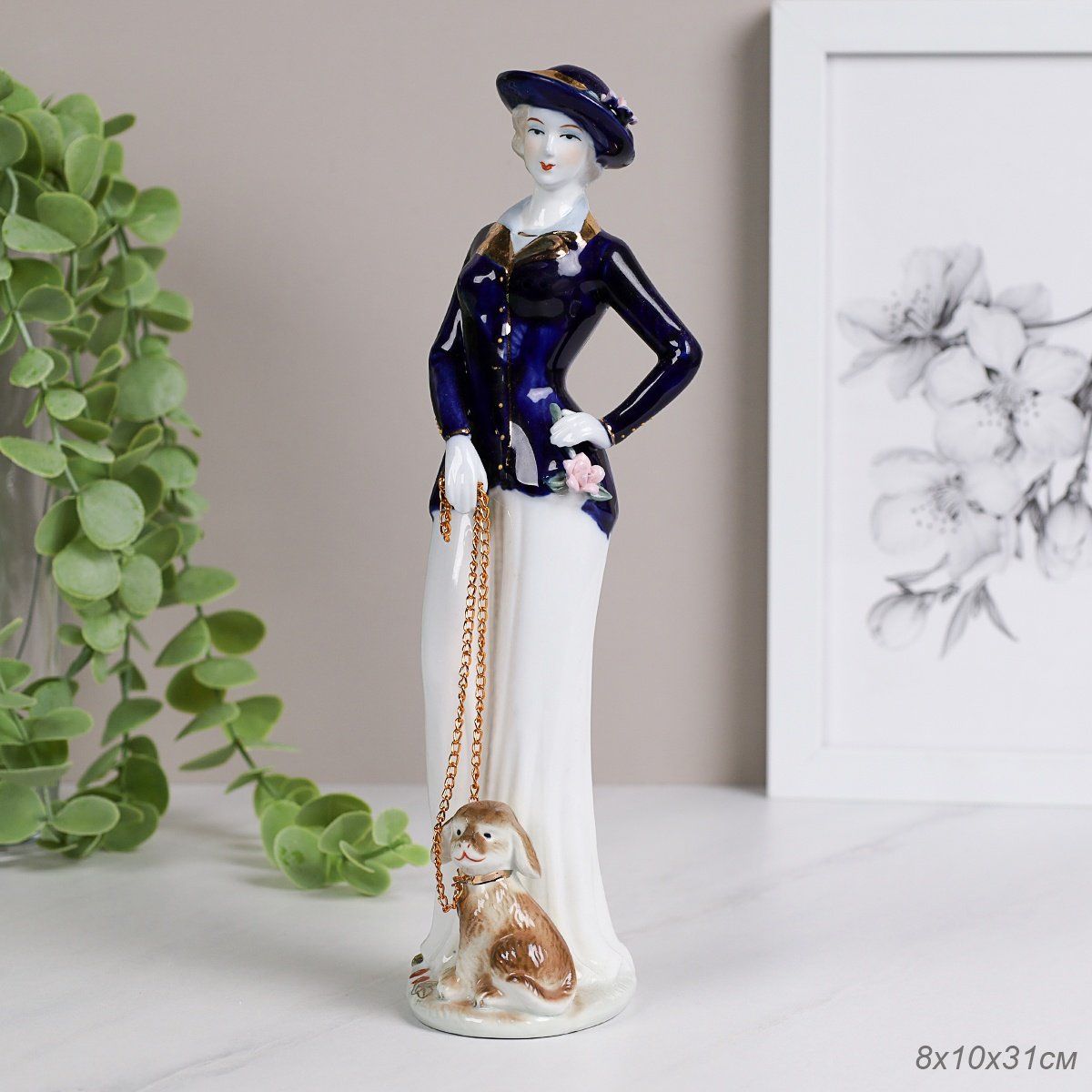 Статуэтка Дама с собачкой, фарфор, 31 см, цвет белый, темно-синий — фото 5