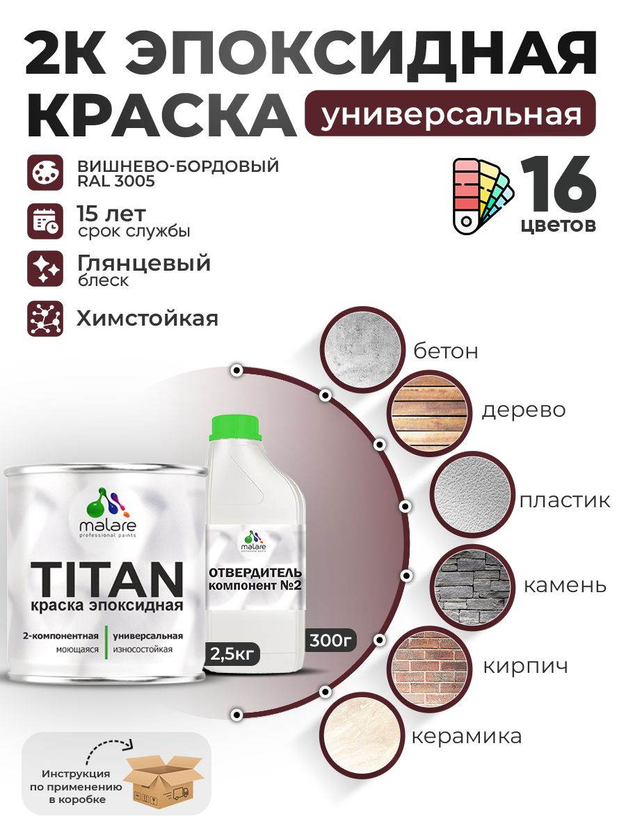 2К Эпоксидная краска Malare TITAN универсальная, двухкомпонентная влагостойкая высокопрочная износостойкая, RAL 3005 вишнево-бордовый, глянцевая, (2,5 кг + 0,3кг отвердитель)