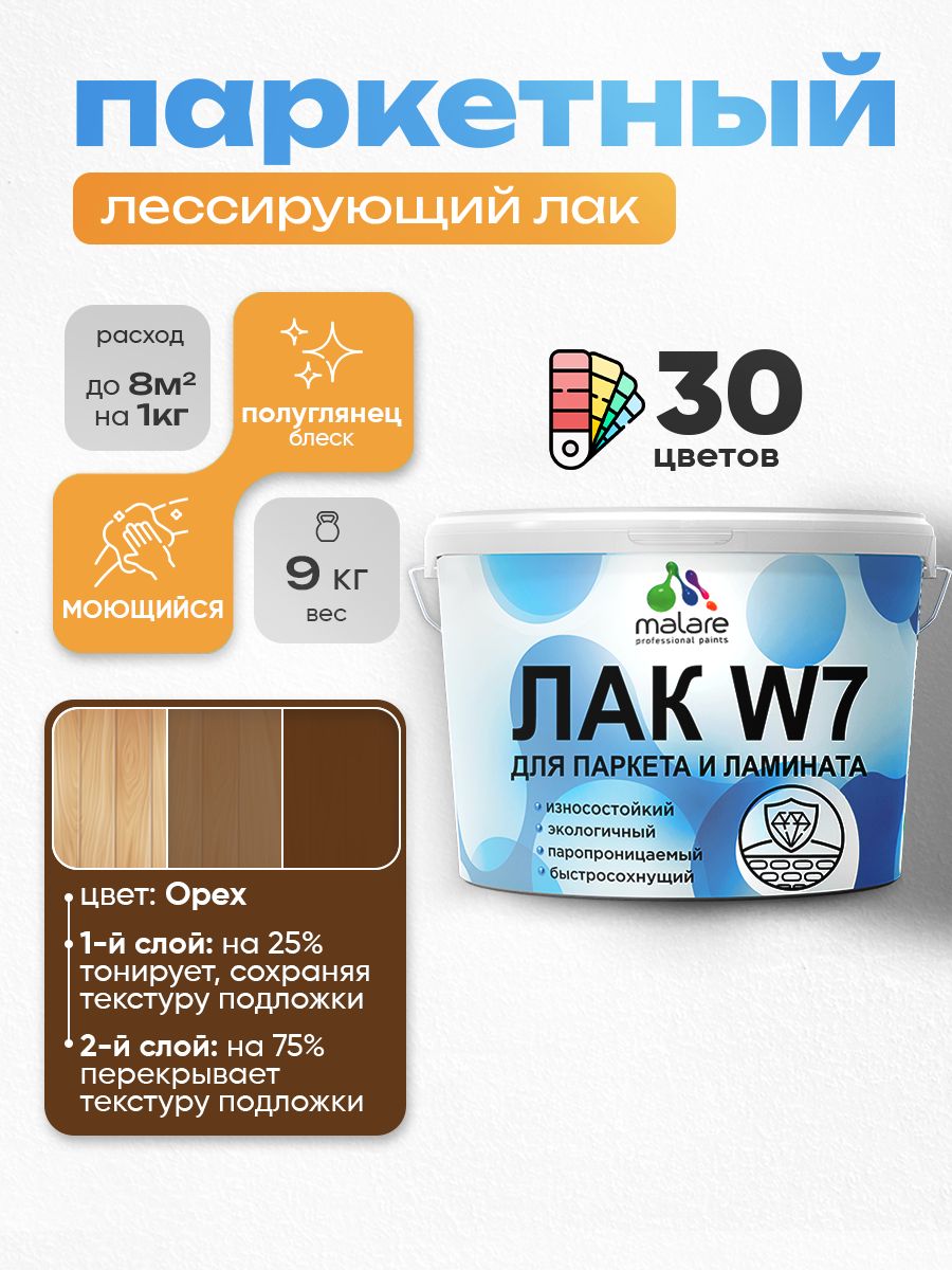 Лак колерованный тонирующий для паркета и ламината Malare W7 для дерева и минеральных поверхностей, износостойкий, водный без запаха, полуглянцевый, орех, 9 кг.