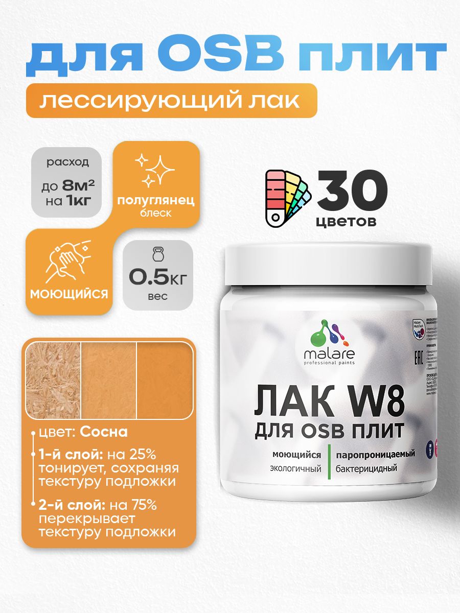 Лак колерованный тонирующий для защиты ОСБ плит Malare W8 для дерева и минеральных поверхностей, паропроницаемый водный без запаха, полуглянцевый, сосна, 0.5 кг.